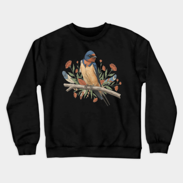 Barn Swallow Bird with Branch and Rustic Flowers Crewneck Sweatshirt by BirdsnStuff