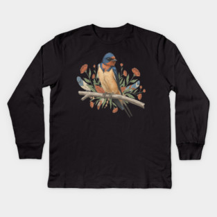 Barn Swallow Bird with Branch and Rustic Flowers Kids Long Sleeve T-Shirt