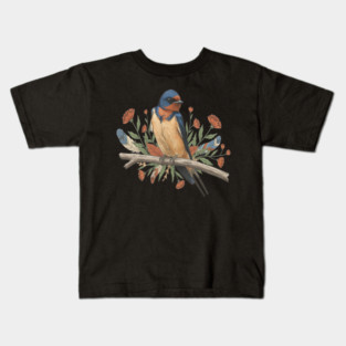 Barn Swallow Bird with Branch and Rustic Flowers Kids T-Shirt