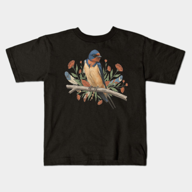 Barn Swallow Bird with Branch and Rustic Flowers Kids T-Shirt by BirdsnStuff