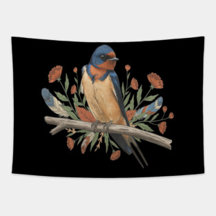 Barn Swallow Bird with Branch and Rustic Flowers Tapestry