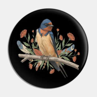 Barn Swallow Bird with Branch and Rustic Flowers Pin