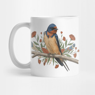 Barn Swallow Bird with Branch and Rustic Flowers Mug