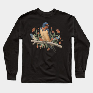 Barn Swallow Bird with Branch and Rustic Flowers Long Sleeve T-Shirt
