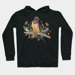 Barn Swallow Bird with Branch and Rustic Flowers Hoodie