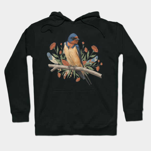 Barn Swallow Bird with Branch and Rustic Flowers Hoodie by BirdsnStuff