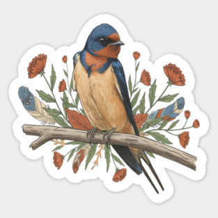Barn Swallow Bird with Branch and Rustic Flowers Magnet