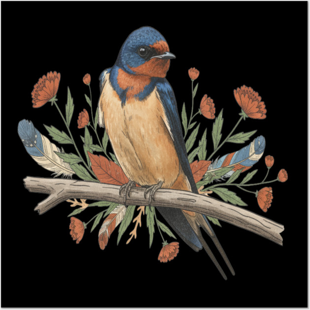 Barn Swallow Bird with Branch and Rustic Flowers Wall Art by BirdsnStuff