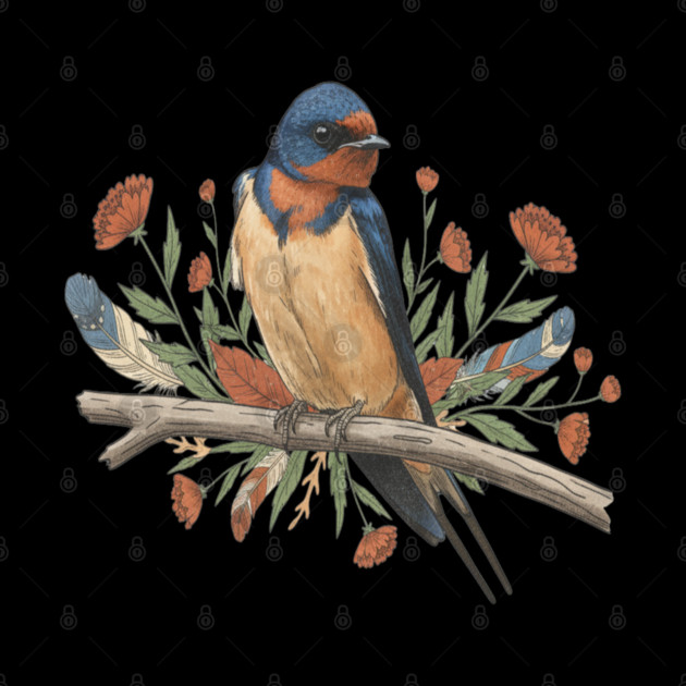 Barn Swallow Bird with Branch and Rustic Flowers by BirdsnStuff