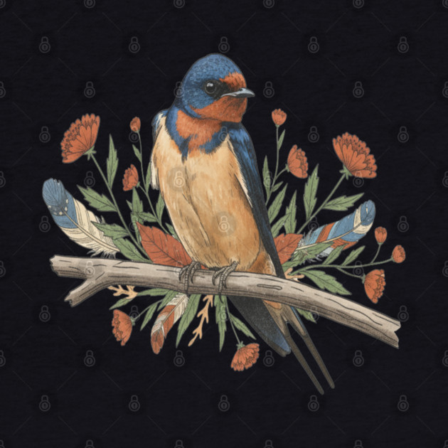 Barn Swallow Bird with Branch and Rustic Flowers by BirdsnStuff