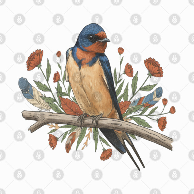 Barn Swallow Bird with Branch and Rustic Flowers by BirdsnStuff