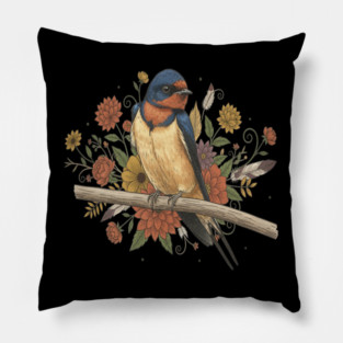 Barn Swallow Bird with Colorful Flowers Pillow