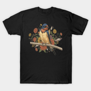 Barn Swallow Bird with Colorful Flowers T-Shirt