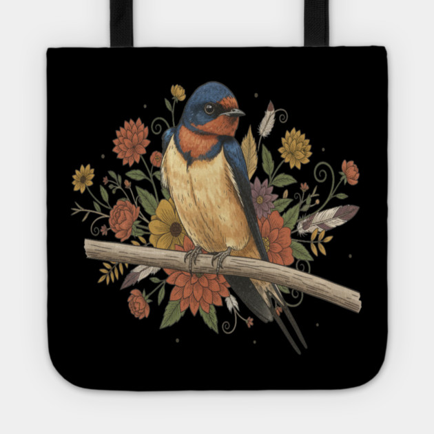 Barn Swallow Bird with Colorful Flowers Tote by BirdsnStuff