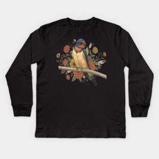 Barn Swallow Bird with Colorful Flowers Kids Long Sleeve T-Shirt