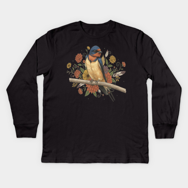 Barn Swallow Bird with Colorful Flowers Kids Long Sleeve T-Shirt by BirdsnStuff