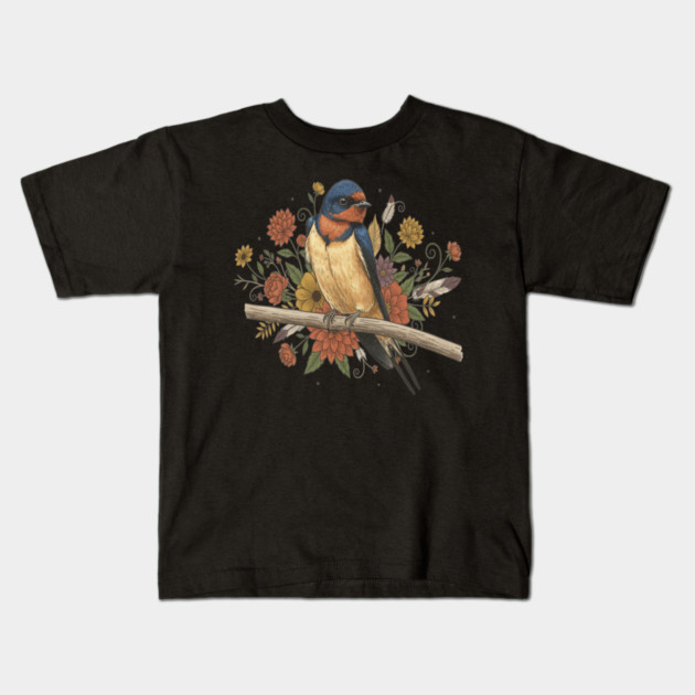 Barn Swallow Bird with Colorful Flowers Kids T-Shirt by BirdsnStuff