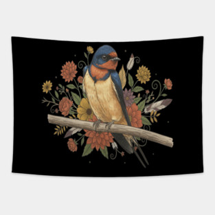 Barn Swallow Bird with Colorful Flowers Tapestry