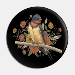 Barn Swallow Bird with Colorful Flowers Pin