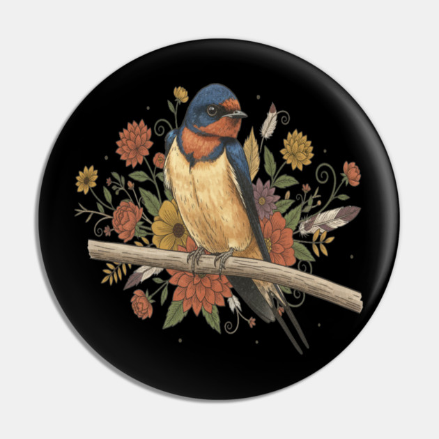 Barn Swallow Bird with Colorful Flowers Pin by BirdsnStuff