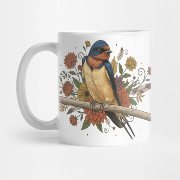 Barn Swallow Bird with Colorful Flowers by BirdsnStuff