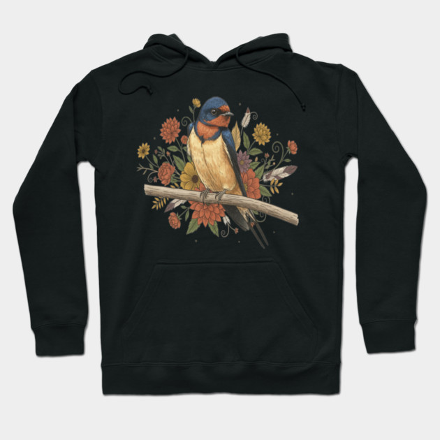 Barn Swallow Bird with Colorful Flowers Hoodie by BirdsnStuff