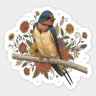 Barn Swallow Bird with Colorful Flowers Sticker
