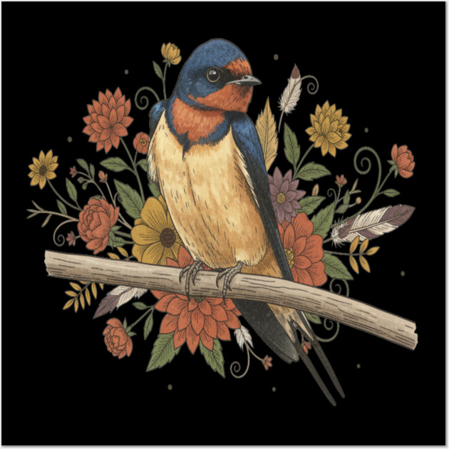 Barn Swallow Bird with Colorful Flowers Wall Art by BirdsnStuff