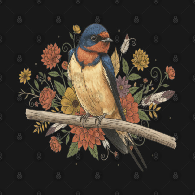 Barn Swallow Bird with Colorful Flowers by BirdsnStuff