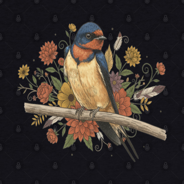 Barn Swallow Bird with Colorful Flowers by BirdsnStuff