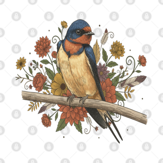 Barn Swallow Bird with Colorful Flowers by BirdsnStuff