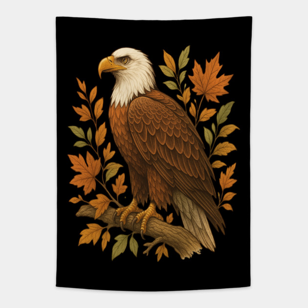 Bald Eagle with Autumn Leaves Wildlife Nature Art Tapestry by BirdsnStuff