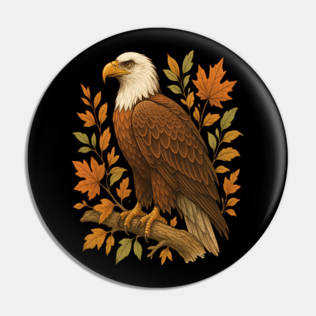 Bald Eagle with Autumn Leaves Wildlife Nature Art Pin by BirdsnStuff