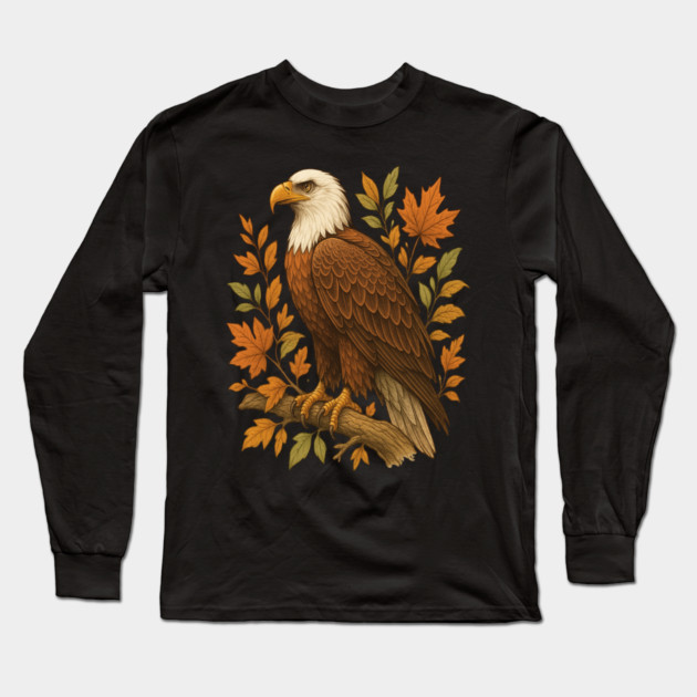 Bald Eagle with Autumn Leaves Wildlife Nature Art Long Sleeve T-Shirt by BirdsnStuff