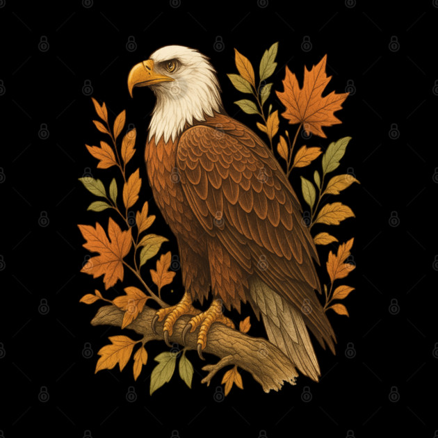 Bald Eagle with Autumn Leaves Wildlife Nature Art by BirdsnStuff