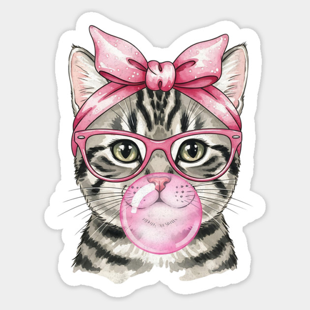 Cute Kitty with Bow and Bubblegum Sticker by Designed By Marty