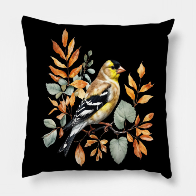 American Goldfinch with Autumn Leaves Pillow by BirdsnStuff