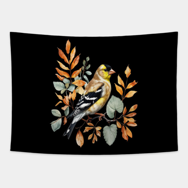 American Goldfinch with Autumn Leaves Tapestry by BirdsnStuff
