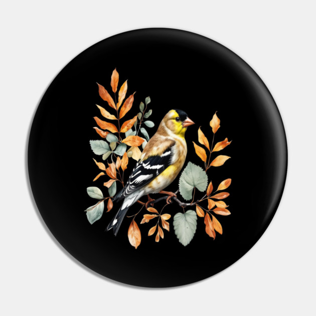 American Goldfinch with Autumn Leaves Pin by BirdsnStuff