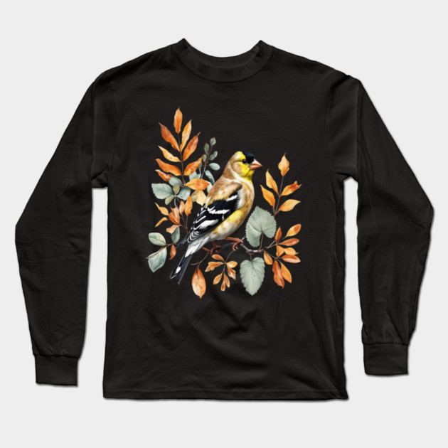 American Goldfinch with Autumn Leaves Long Sleeve T-Shirt by BirdsnStuff