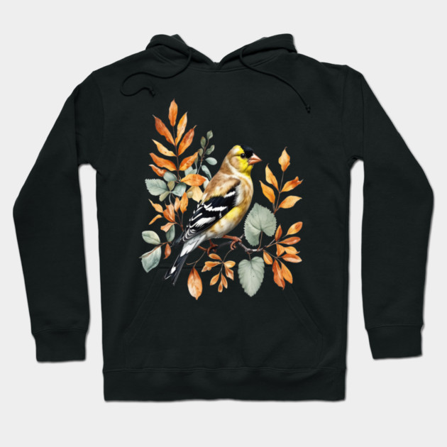 American Goldfinch with Autumn Leaves Hoodie by BirdsnStuff