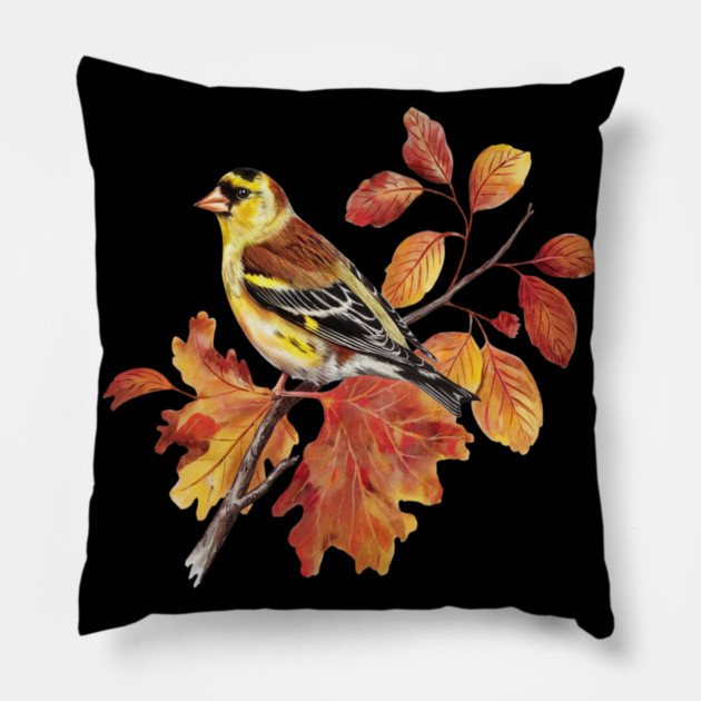 American Goldfinch with Fall Oak Leaves Pillow by BirdsnStuff
