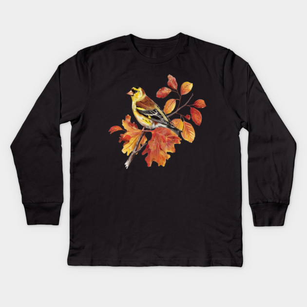 American Goldfinch with Fall Oak Leaves Kids Long Sleeve T-Shirt by BirdsnStuff