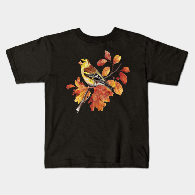 American Goldfinch with Fall Oak Leaves Kids T-Shirt by BirdsnStuff
