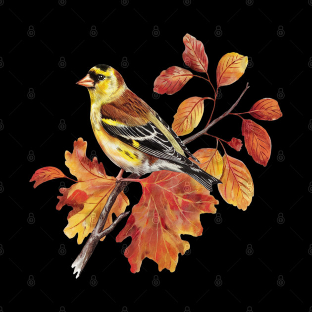 American Goldfinch with Fall Oak Leaves by BirdsnStuff