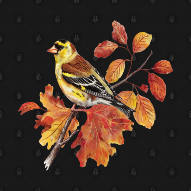American Goldfinch with Fall Oak Leaves by BirdsnStuff