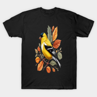 American Goldfinch Bird Autumn Leaves Nature Art T-Shirt