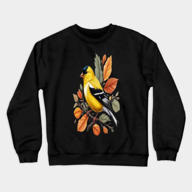 American Goldfinch Bird Autumn Leaves Nature Art Crewneck Sweatshirt by BirdsnStuff