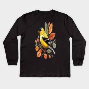 American Goldfinch Bird Autumn Leaves Nature Art Kids Long Sleeve T-Shirt