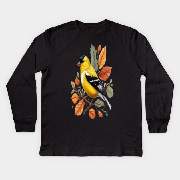 American Goldfinch Bird Autumn Leaves Nature Art Kids Long Sleeve T-Shirt by BirdsnStuff